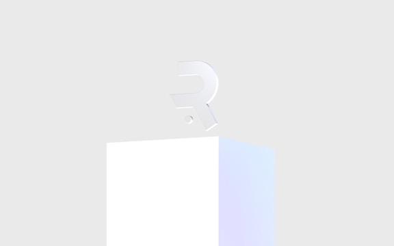 A minimalistic 3D letter 'R' with a subtle pastel gradient, placed on top of a simple white pedestal against a light gray background.