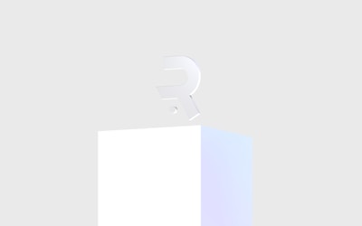 A minimalistic 3D letter 'R' with a subtle pastel gradient, placed on top of a simple white pedestal against a light gray background.