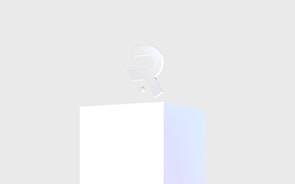 A minimalistic 3D letter 'R' with a subtle pastel gradient, placed on top of a simple white pedestal against a light gray background.