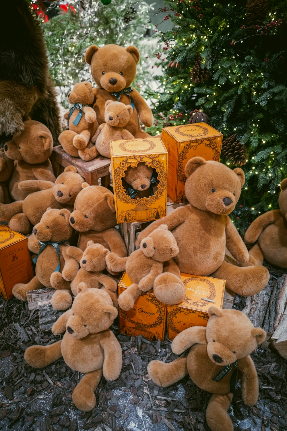 un tas d’ours en peluche bruns assis les uns à côté des autres