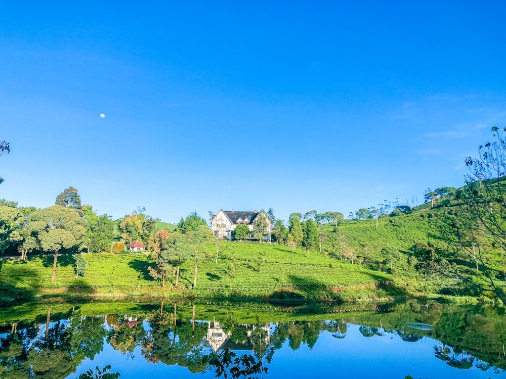 a house on a hill overlooking a lake