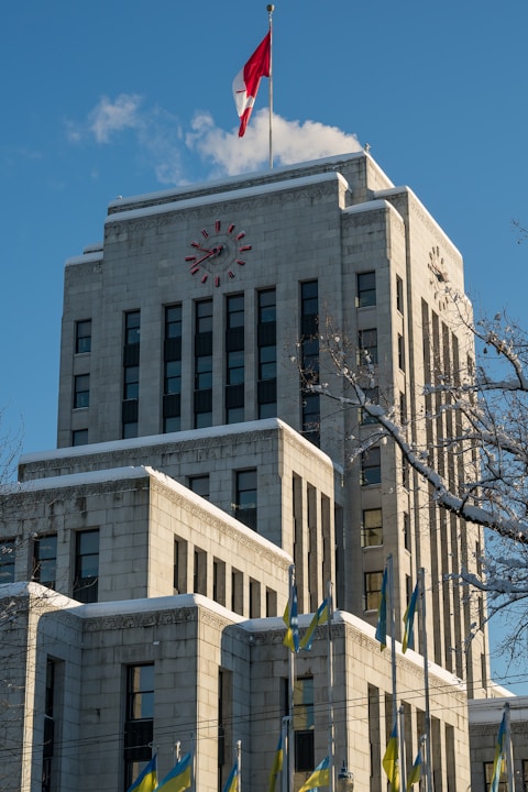 a large building with a flag on top of it