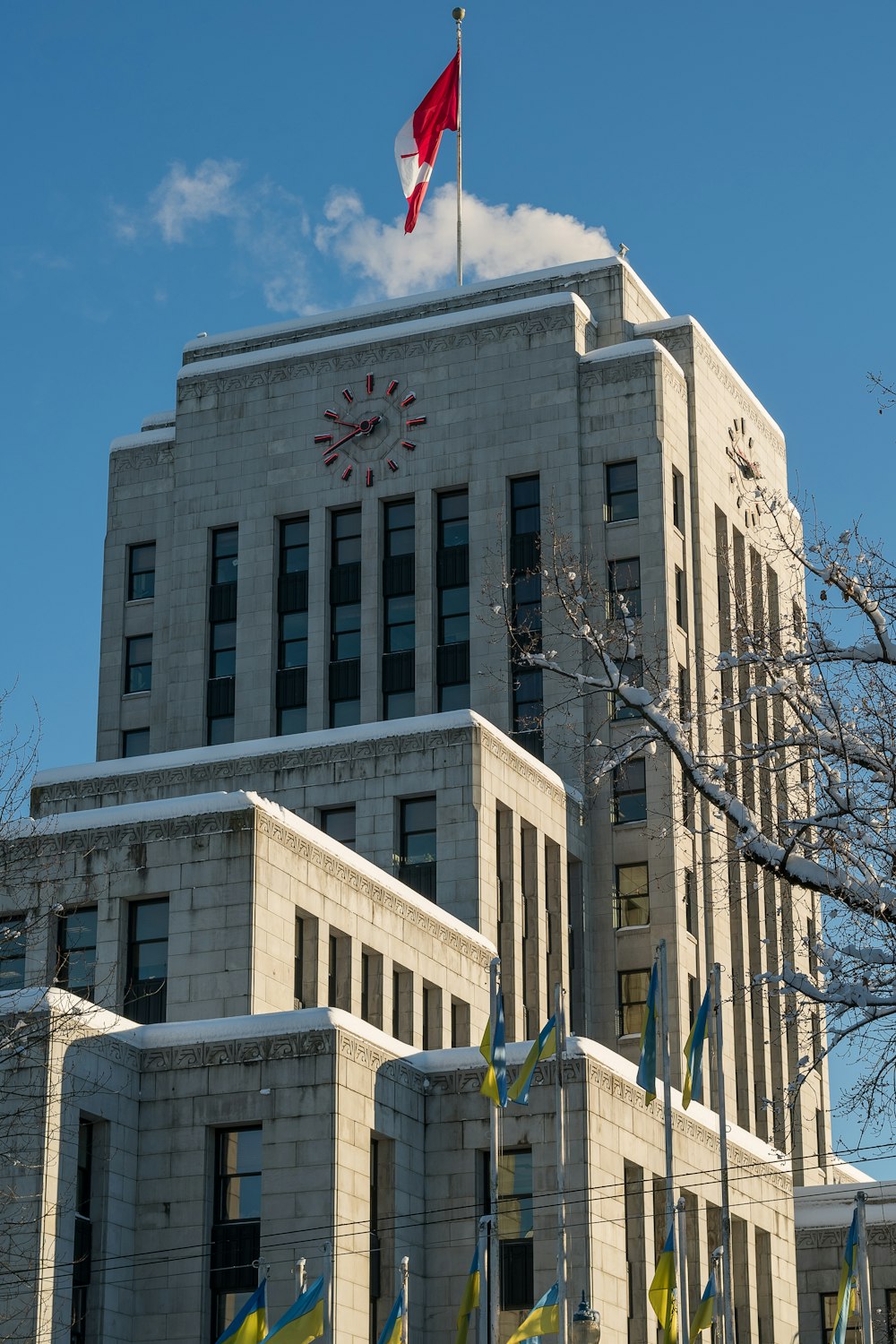 a large building with a flag on top of it