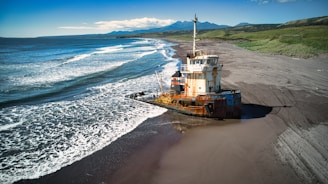A rusted ship is stranded on a deserted sandy beach with waves gently lapping against its hull. The vast ocean stretches out to the horizon under a clear blue sky, while green hills are visible in the background, suggesting an isolated coastal environment.