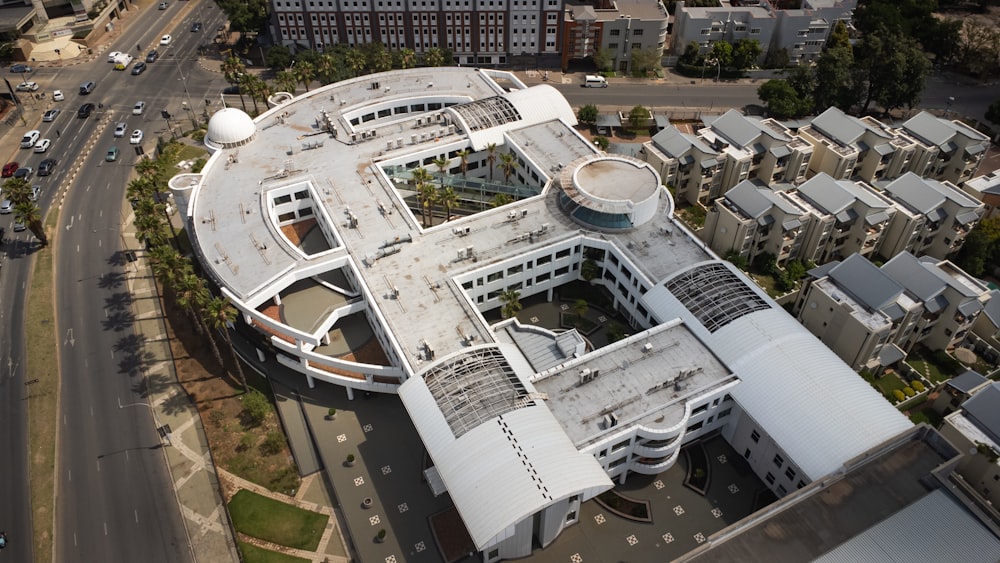 an aerial view of a building in a city