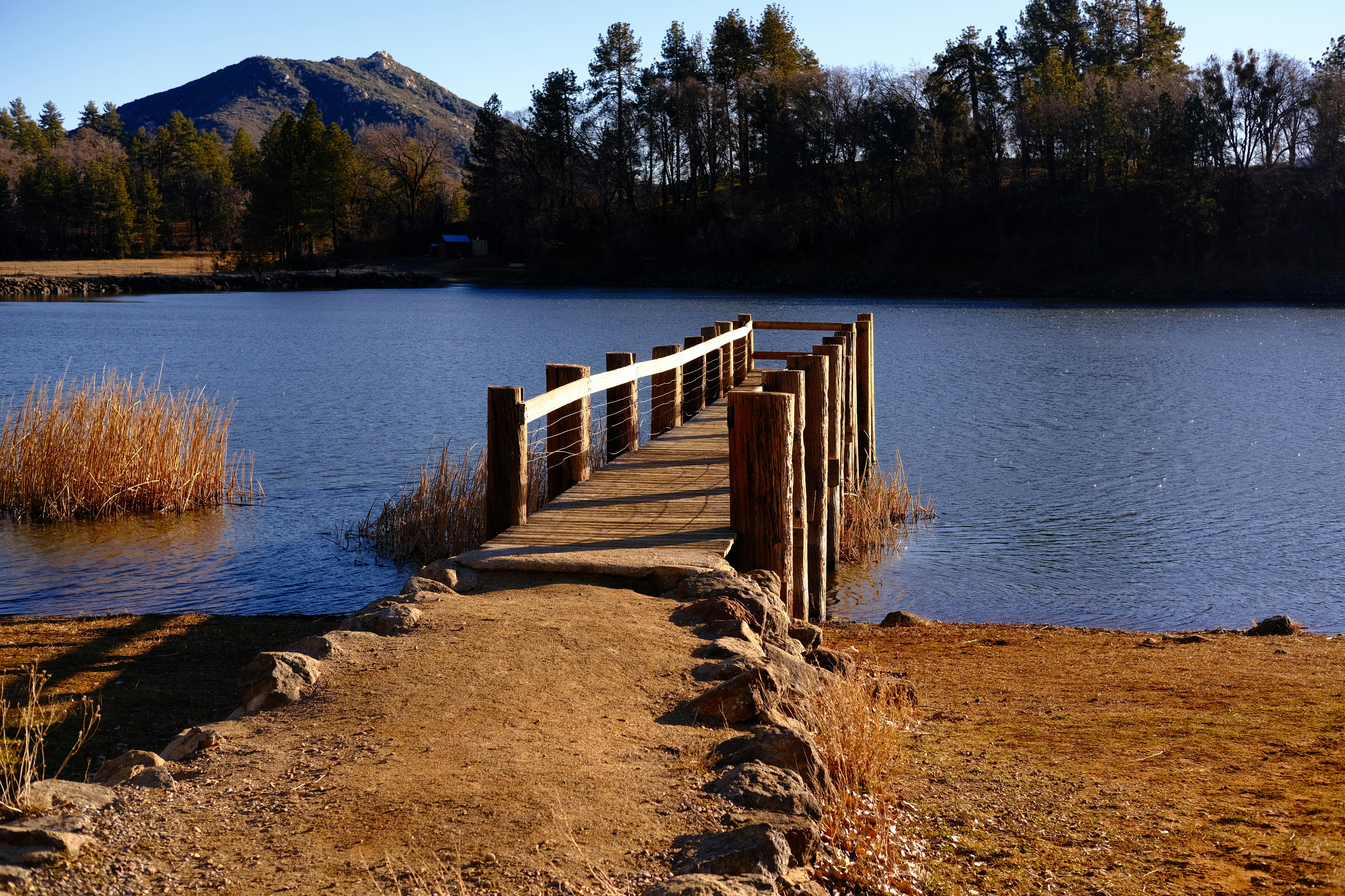 un ponte di legno su uno specchio d'acqua