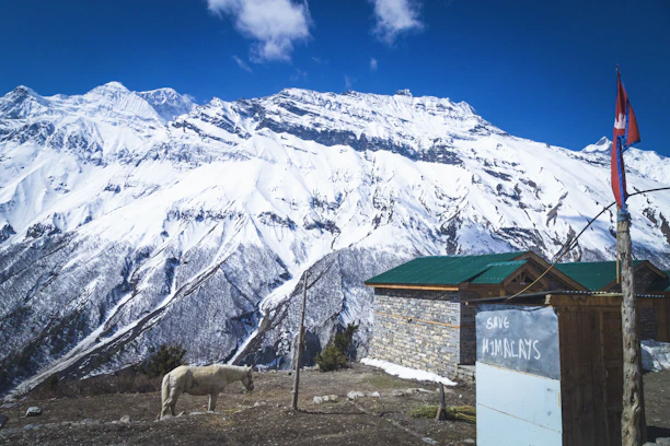A sturdy hemp shoulder bag hanging from a wooden fence with the snow-capped Himalayas in the background