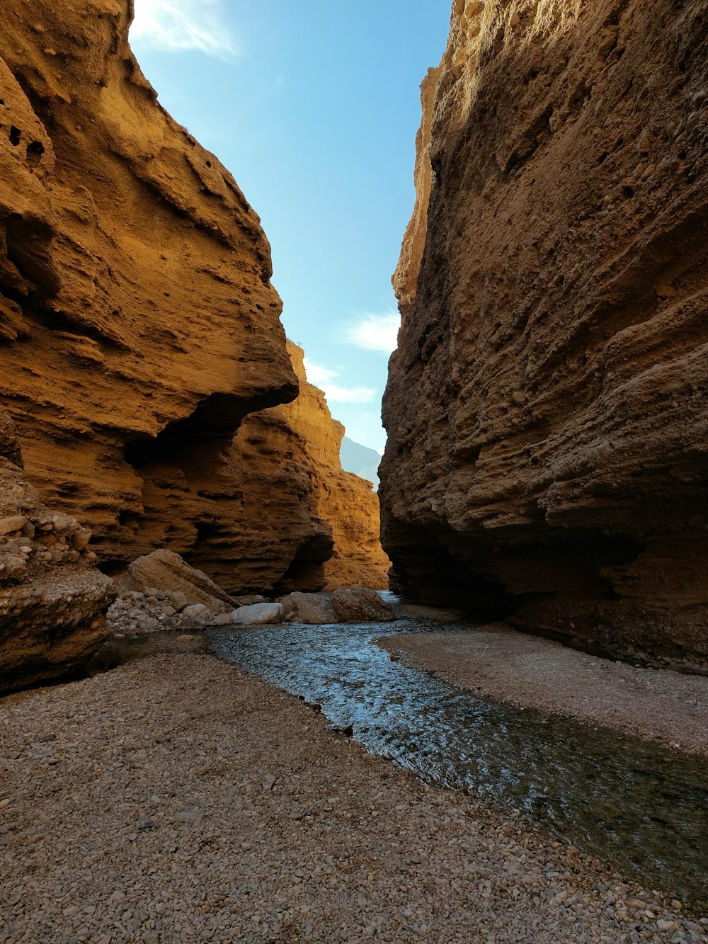 a narrow canyon with a stream running through it