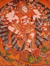 A detailed traditional mural painting depicting a highly adorned deity with multiple arms, each holding different objects. The deity's posture is dynamic, featuring intricate patterns on clothing and jewelry. A colorful and complex background illustrates mythological elements, enhancing the overall grandeur.