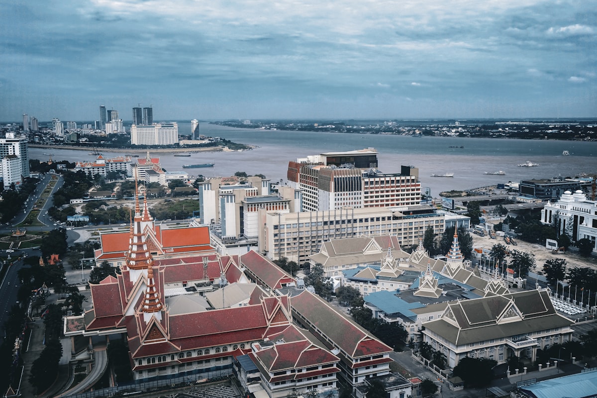 Toul Tom Pong Phnom Penh — aerial view of the neighbourhood's dense urban grid and waterways in the creative southern quarter of the city