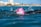 A swimmer in a body of water is wearing a bright pink swim cap with a cartoonish face and large white teeth design. The swimmer is in mid-stroke, splashing water around, with the cityscape and buildings visible in the distant background.