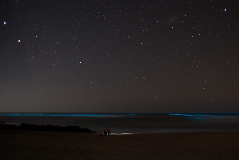 two people standing on a beach under a night sky