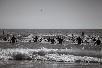 A group of people wearing wetsuits swim in the ocean, possibly participating in an open water race or event. The water is choppy with visible waves, and a distant horizon is visible under a clear sky.