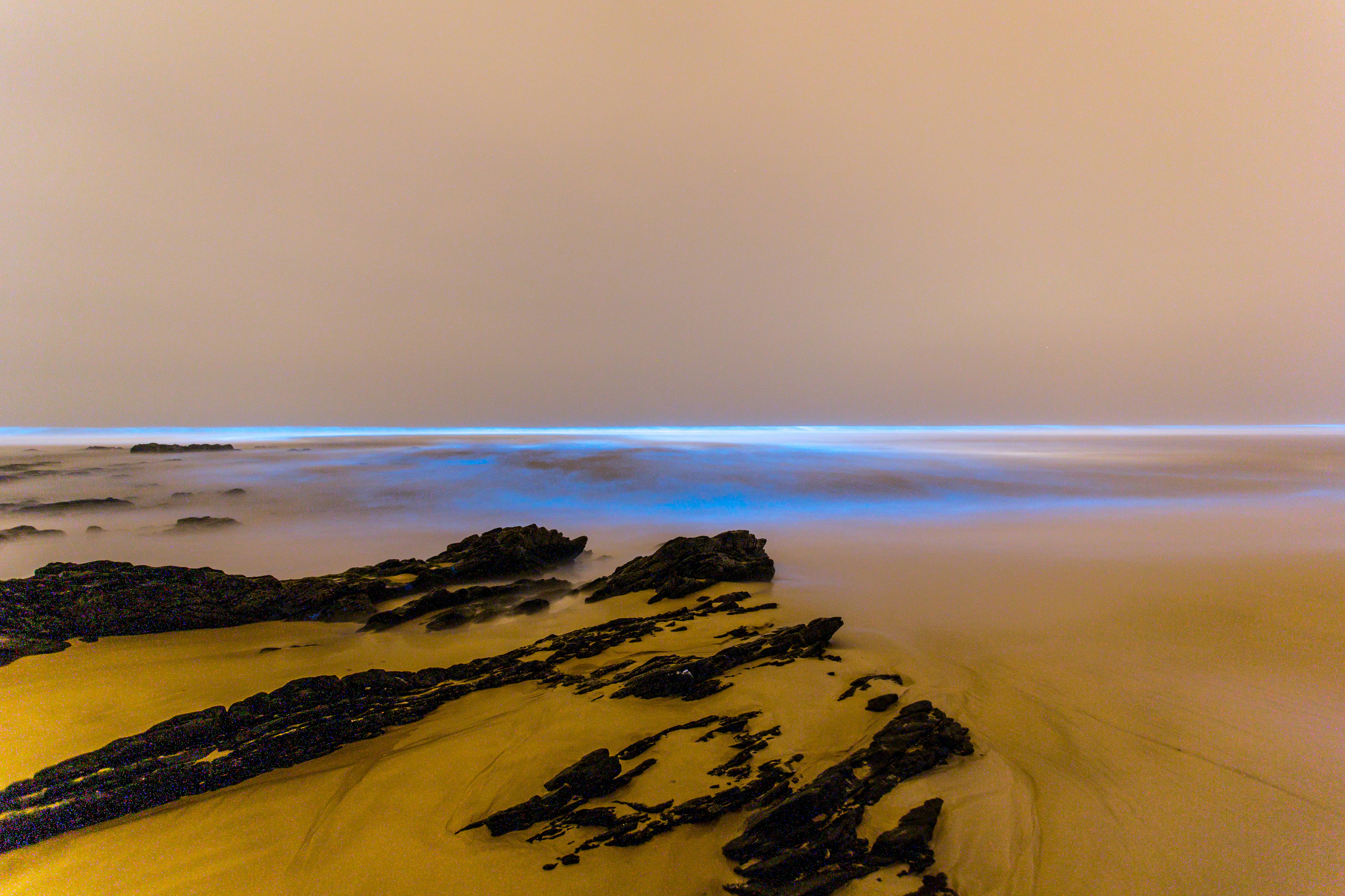 a sandy beach covered in lots of rocks under a cloudy sky