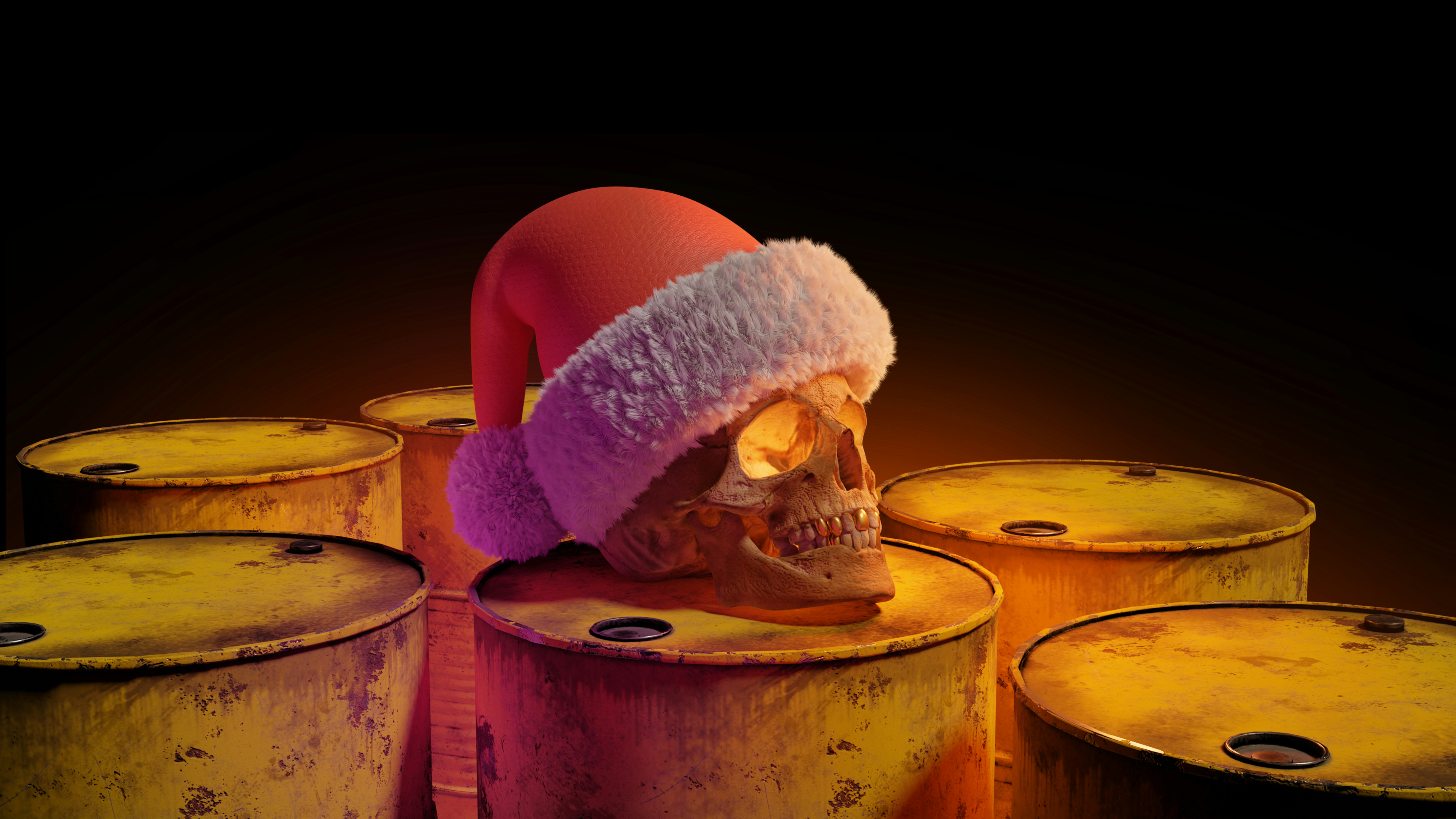 a human skull wearing a santa hat on top of barrels