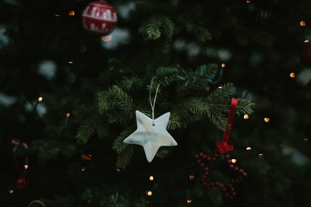 a white ornament hanging from a christmas tree