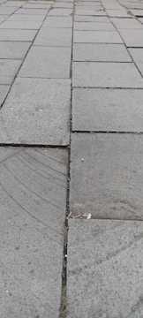Stone pavement with rectangular tiles arranged in a grid pattern. Some tiles appear worn and have visible marks or stains. Small debris is present between the tiles.