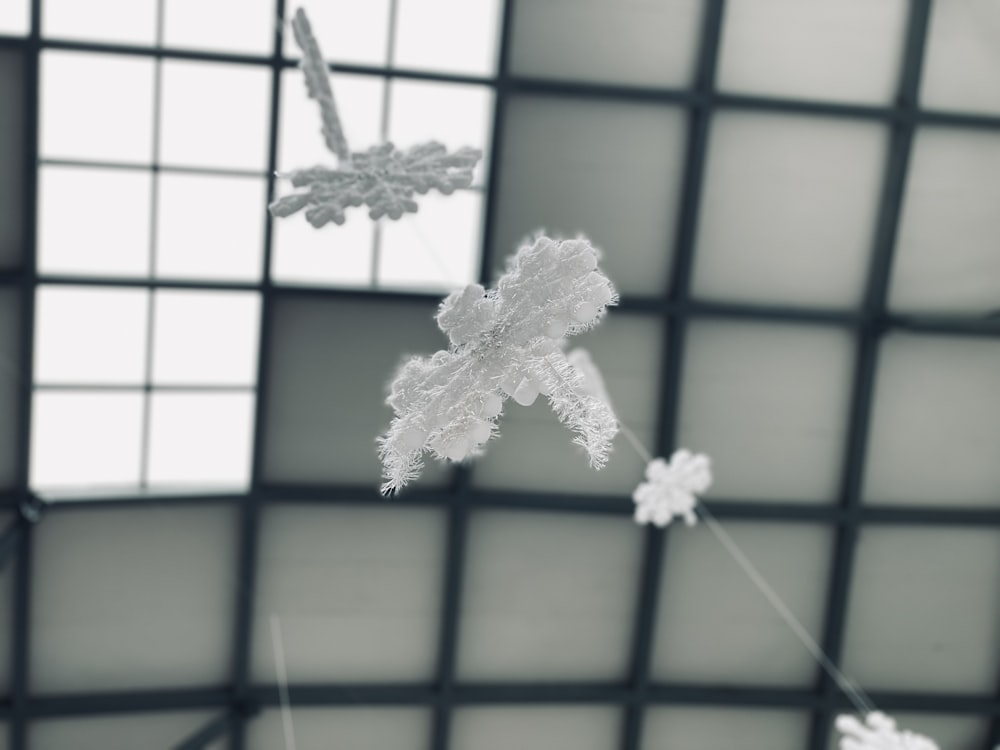 snow flakes hanging from the ceiling of a building