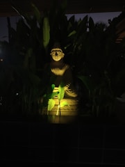 A serene Buddha statue bathed in soft morning light, surrounded by lush greenery.