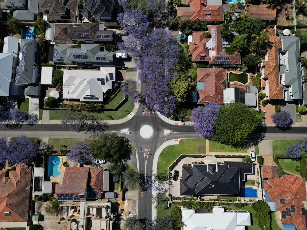 an aerial view of a neighborhood with houses and trees