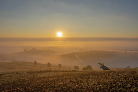 A serene sunrise over a quiet garden bench, inviting peaceful reflection and prayer.