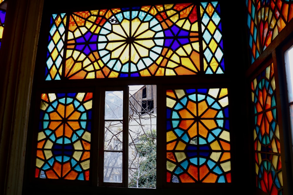 a stained glass window in a building