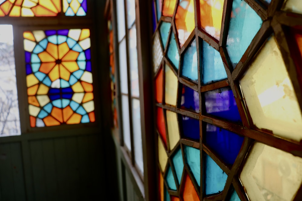 a close up of a stained glass window