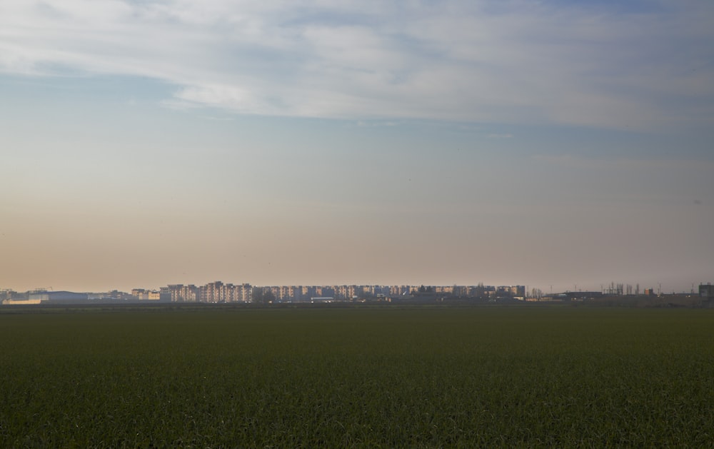 a large field of grass with a city in the distance