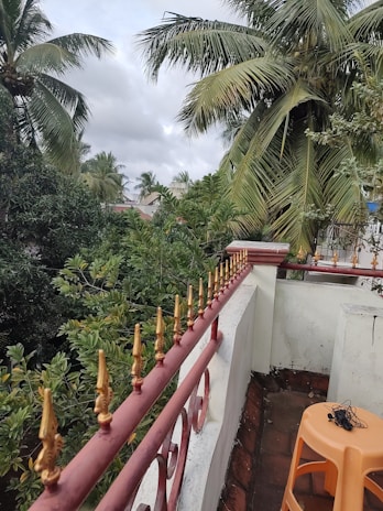 A small balcony bordered by ornate metal railings with gold-colored finials. Tall palm trees with lush green leaves are visible in the background under an overcast sky. A plastic stool, possibly orange in color, is placed on the balcony floor, with some wires or cords resting on it.