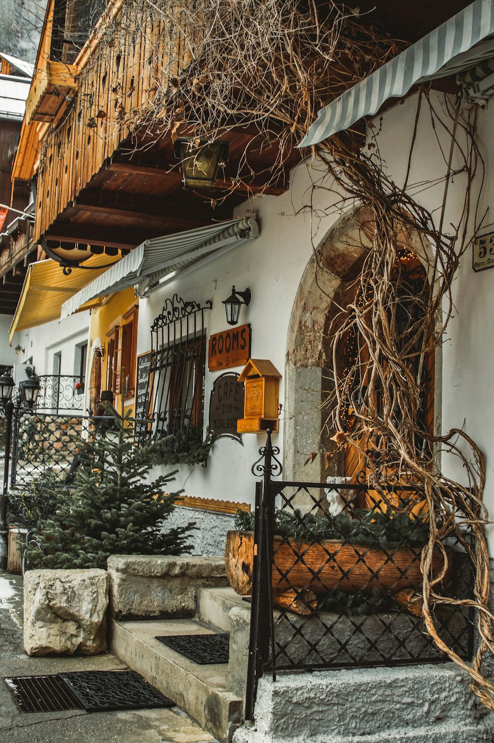 a building with a bunch of vines on the outside of it