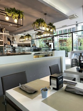A modern, well-lit café interior with sleek furniture. The table settings include placemats, grey napkins, a napkin holder, and small decorative potted plants. The ceiling features stylish light fixtures with hanging greenery. Large windows allow natural light to illuminate the space, revealing a view of foliage outside. The counter holds a pastry display and assorted bottles.
