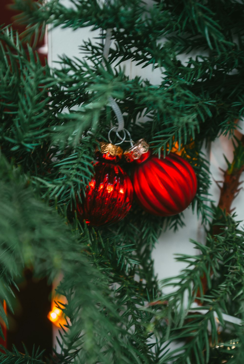 a red ornament hanging from a christmas tree