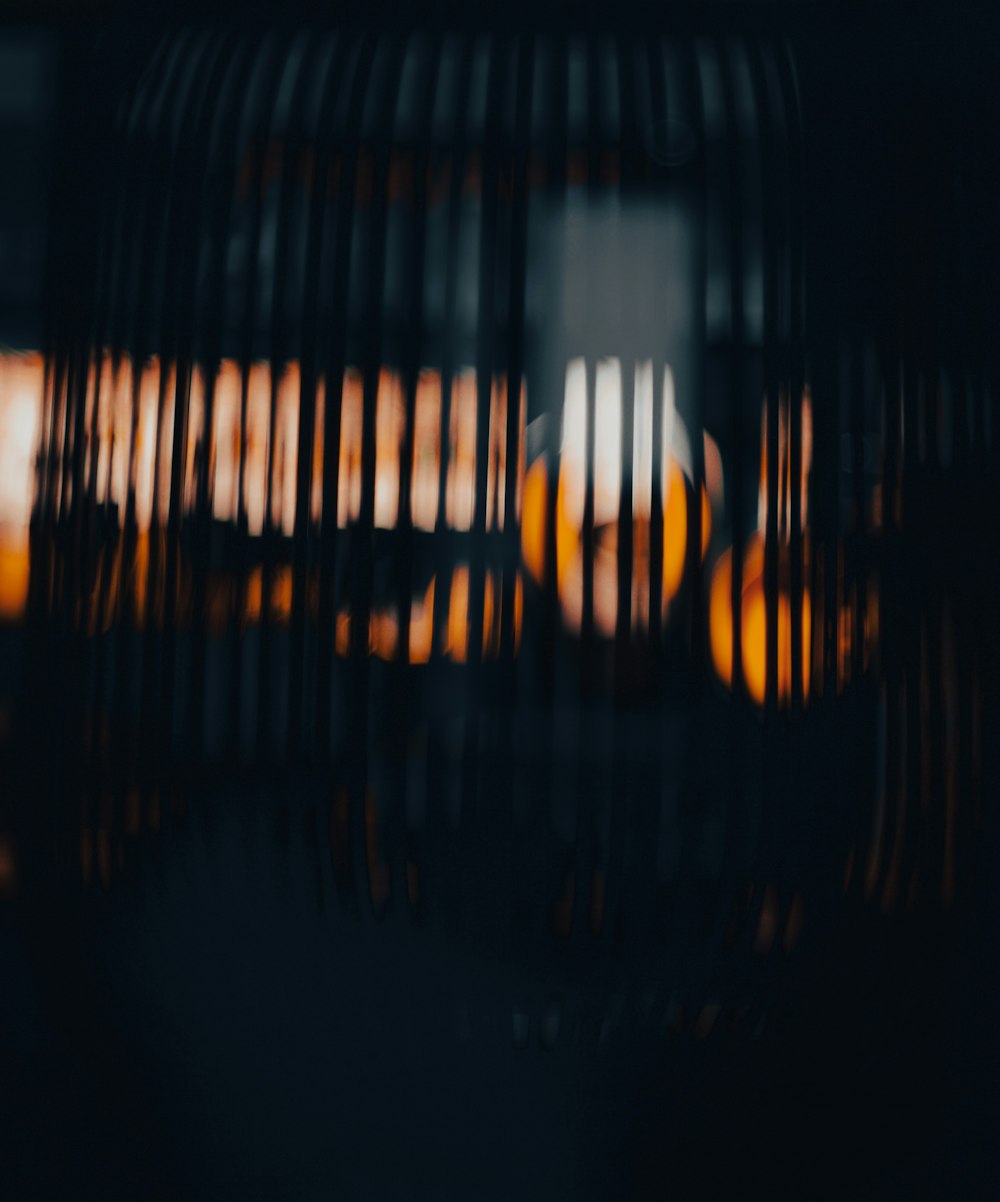 a close up of a bird cage with a blurry background