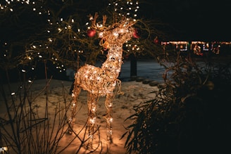 A wireframe reindeer sculpture covered in glowing, warm white fairy lights is placed in a snowy outdoor setting. Nearby, branches and a tree are also adorned with similar lights. In the background, blurred lights from other decorations add to the festive atmosphere.