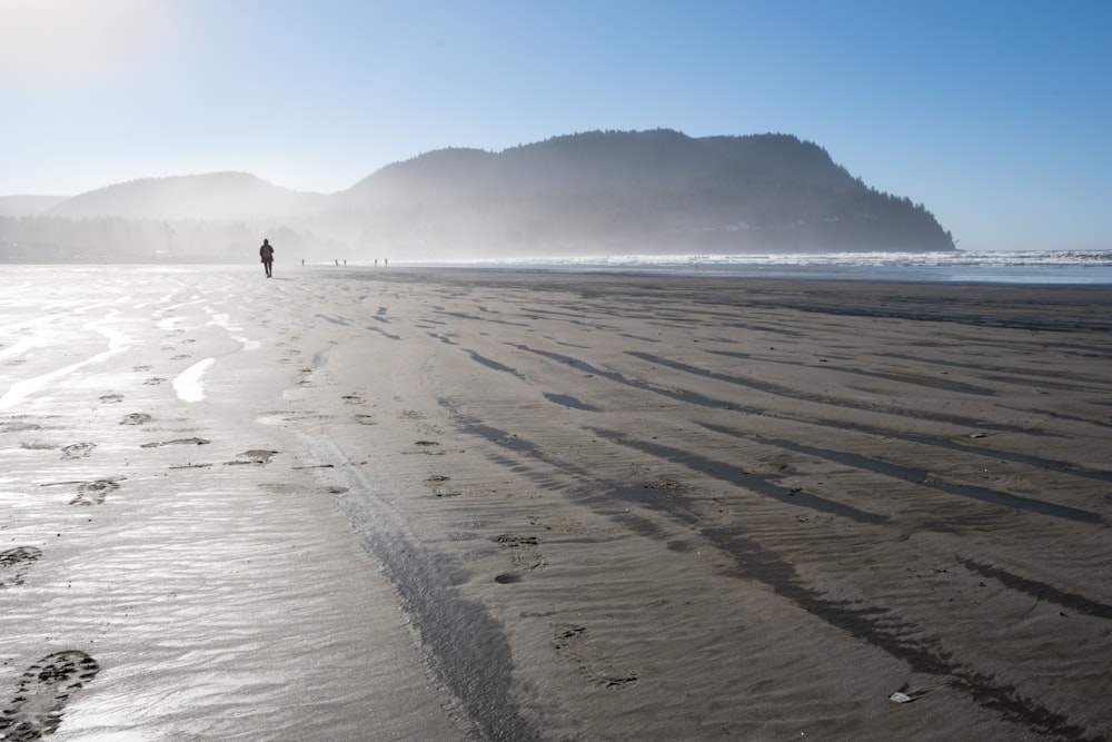 a person walking on a beach near the ocean