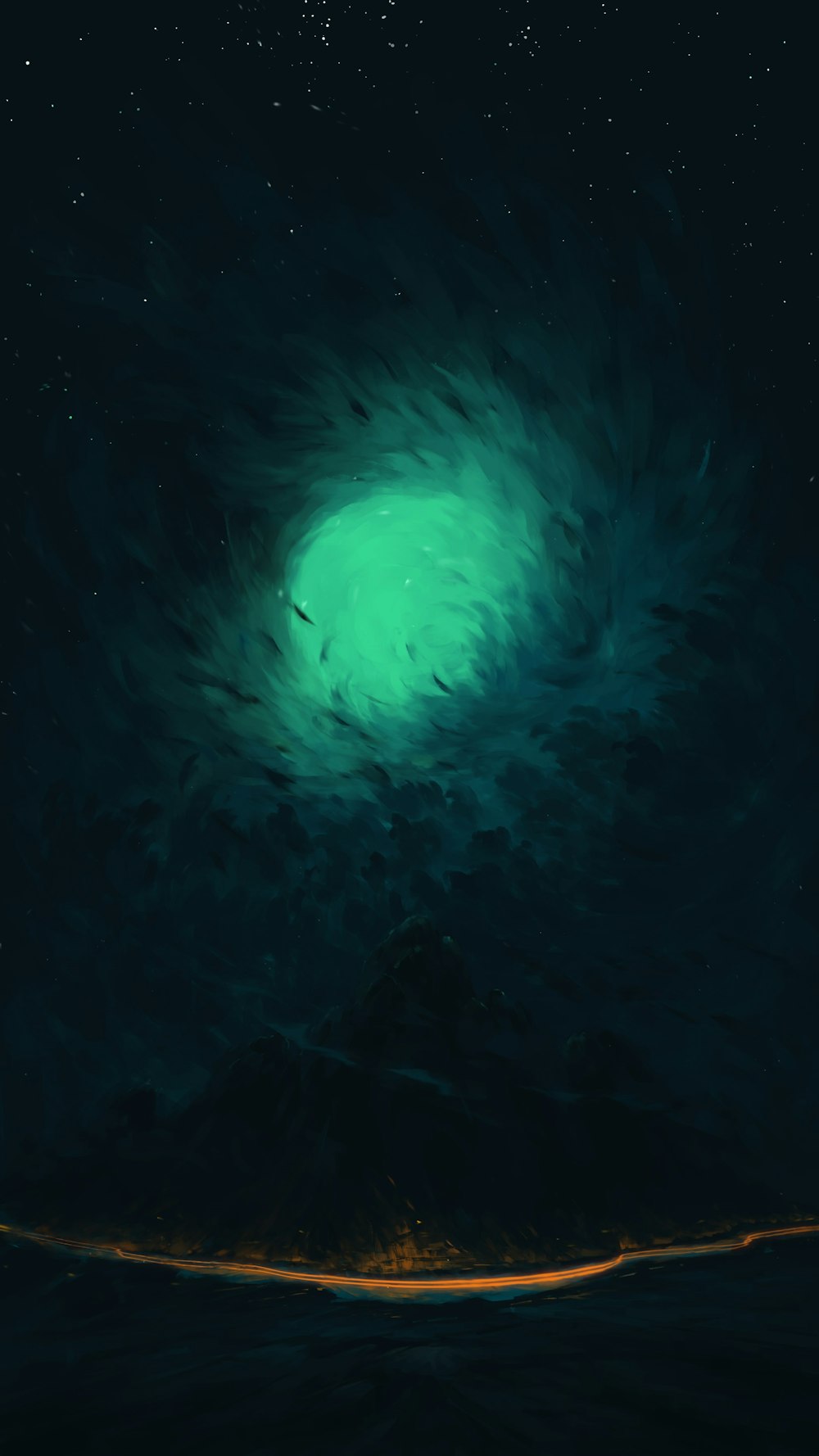 a painting of a green light in the sky