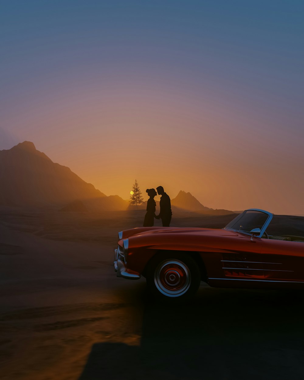 two people standing on top of a red car