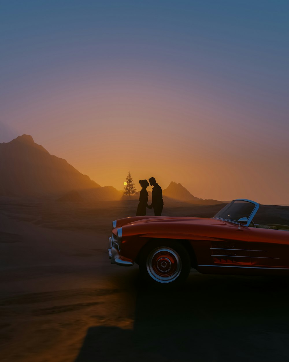 duas pessoas em pé em cima de um carro vermelho