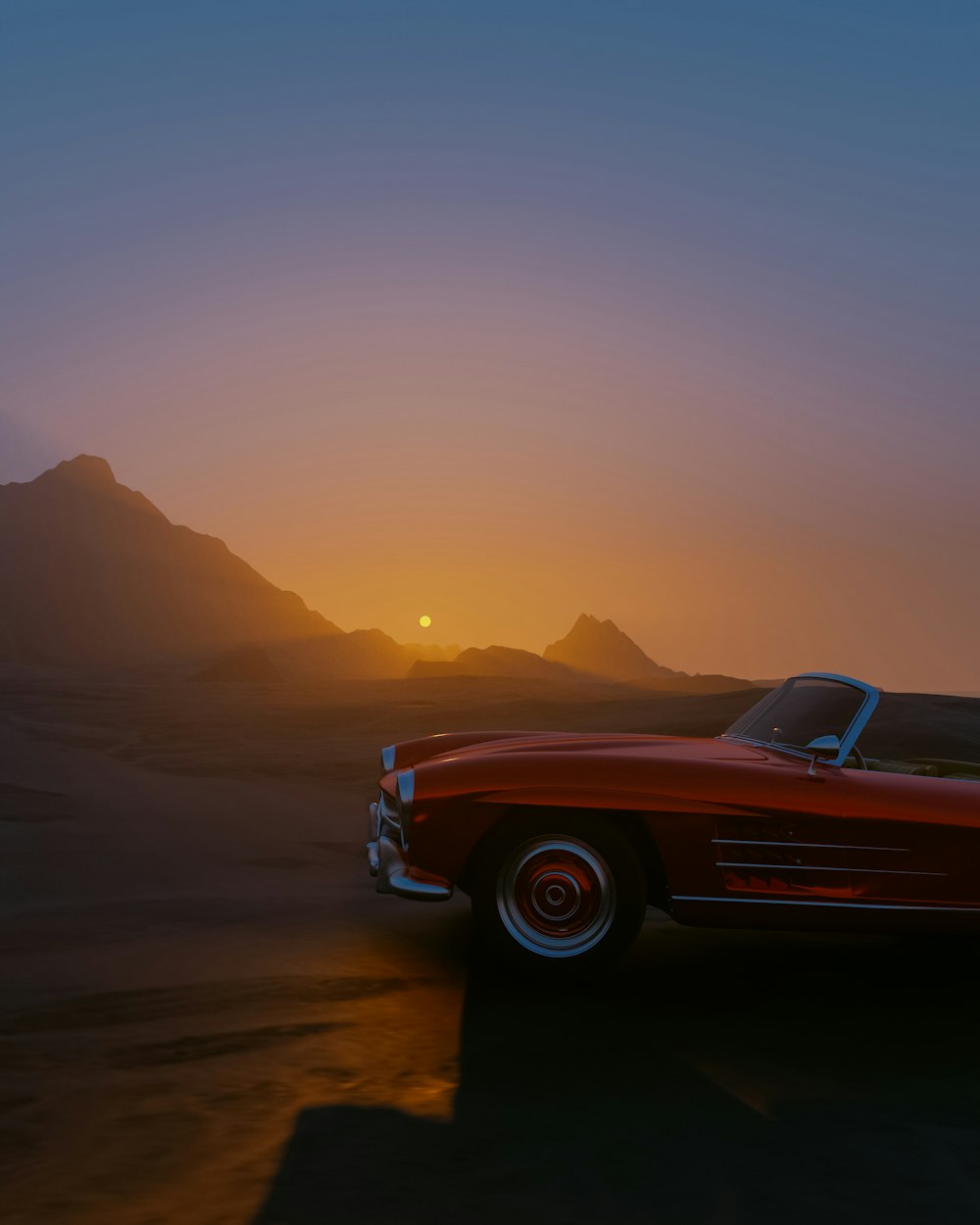 a red car driving through the desert at sunset