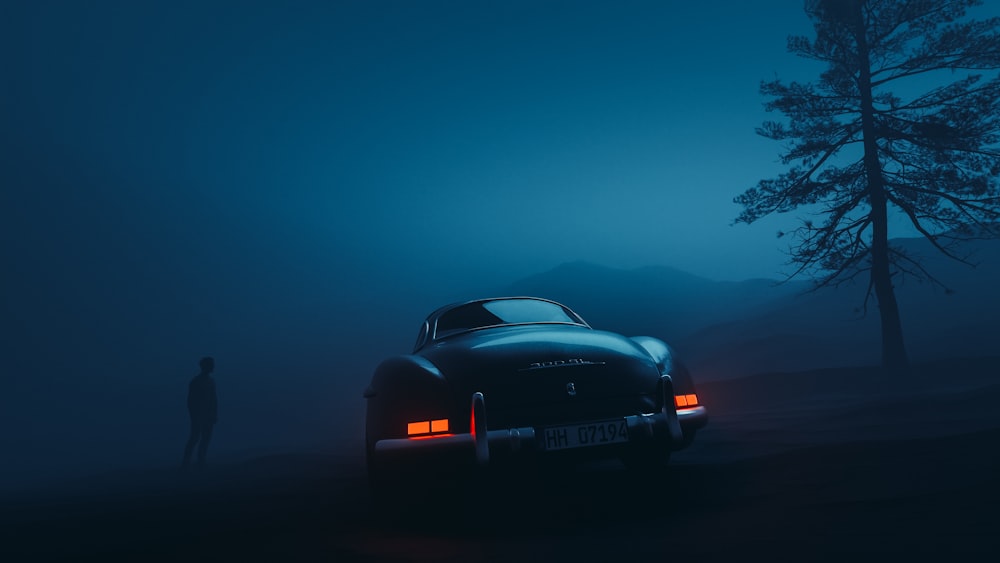 a man standing next to a car in the fog