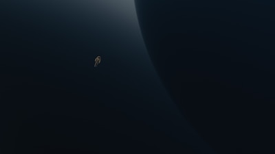 A lone astronaut floats in the vastness of space, surrounded by darkness with a subtle light source illuminating the scene. The image conveys a sense of isolation and the infiniteness of the universe.