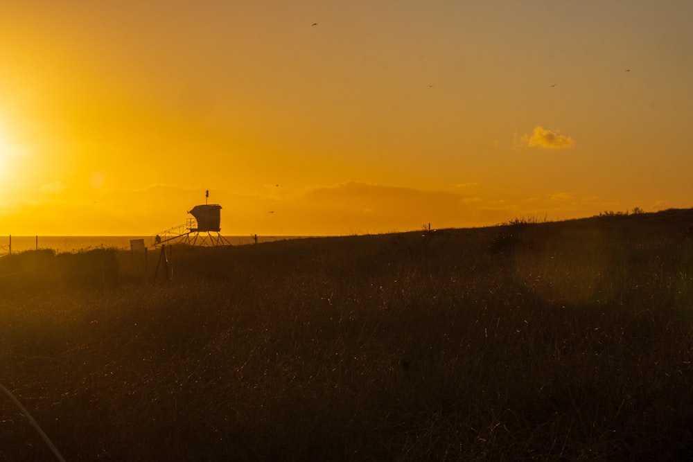 the sun is setting over a grassy field