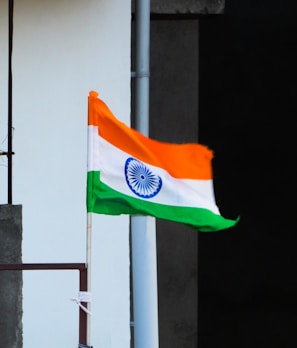 A flag featuring orange, white, and green horizontal stripes with a navy blue wheel in the center of the white stripe is mounted on a pole. The flag is waving in the wind against a concrete wall backdrop.