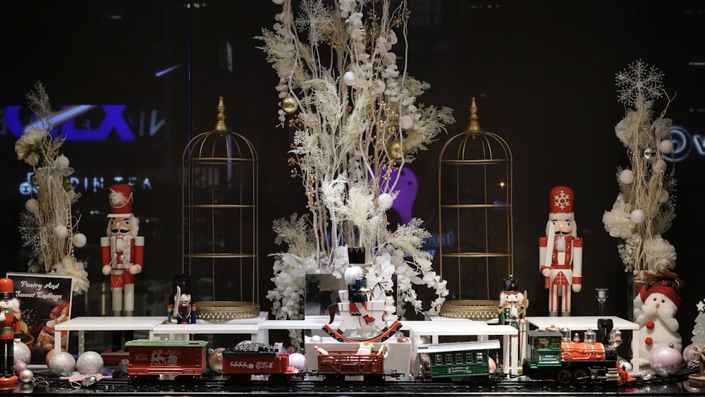 a display of christmas decorations in a store window