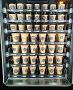 A vending machine filled with rows of brown paper cups, each labeled with different flavors and prices. The cups are neatly organized within clear slots across several rows and columns.