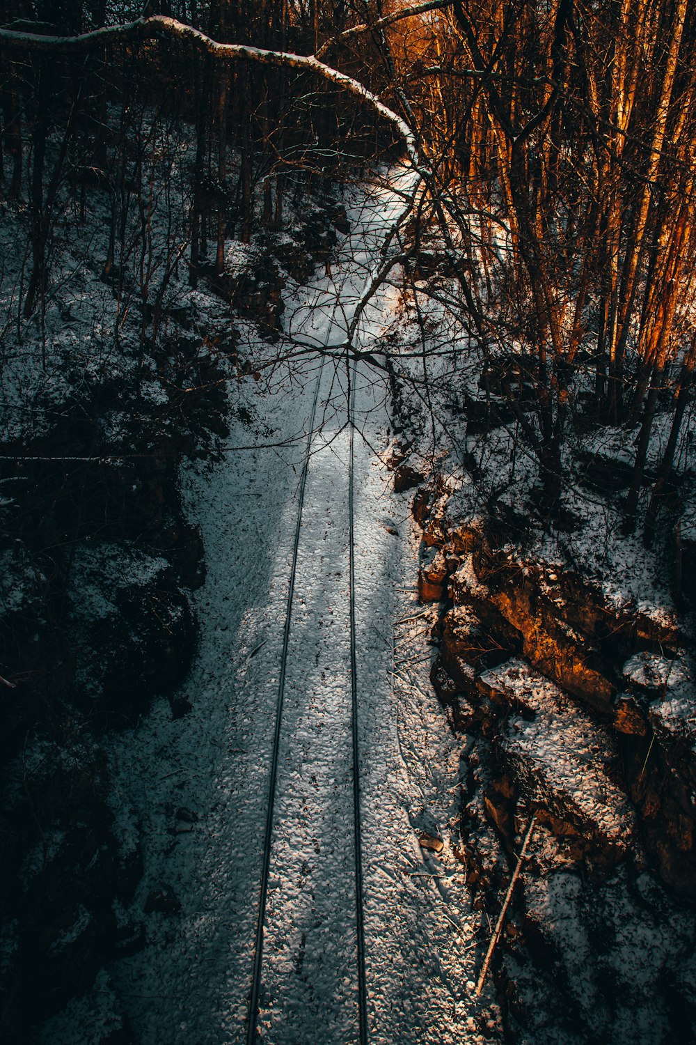 a train track running through a snow covered forest