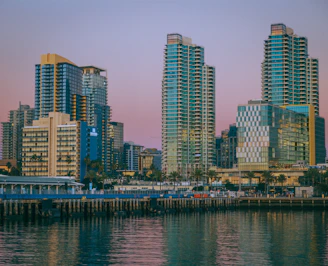 Elegant Miami skyline at sunset showcasing luxury high-rise condos and waterfront properties.