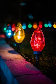 Multi-color solar lights twinkling along a flower bed at night