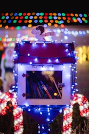 A small book-sharing box decorated with blue and white string lights, resembling a house with a cartoon character on top. The interior contains several books, and the box is surrounded by festive red and white decorations. Multicolored lights are visible in the background, creating a warm and festive atmosphere.