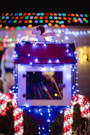 A small book-sharing box decorated with blue and white string lights, resembling a house with a cartoon character on top. The interior contains several books, and the box is surrounded by festive red and white decorations. Multicolored lights are visible in the background, creating a warm and festive atmosphere.